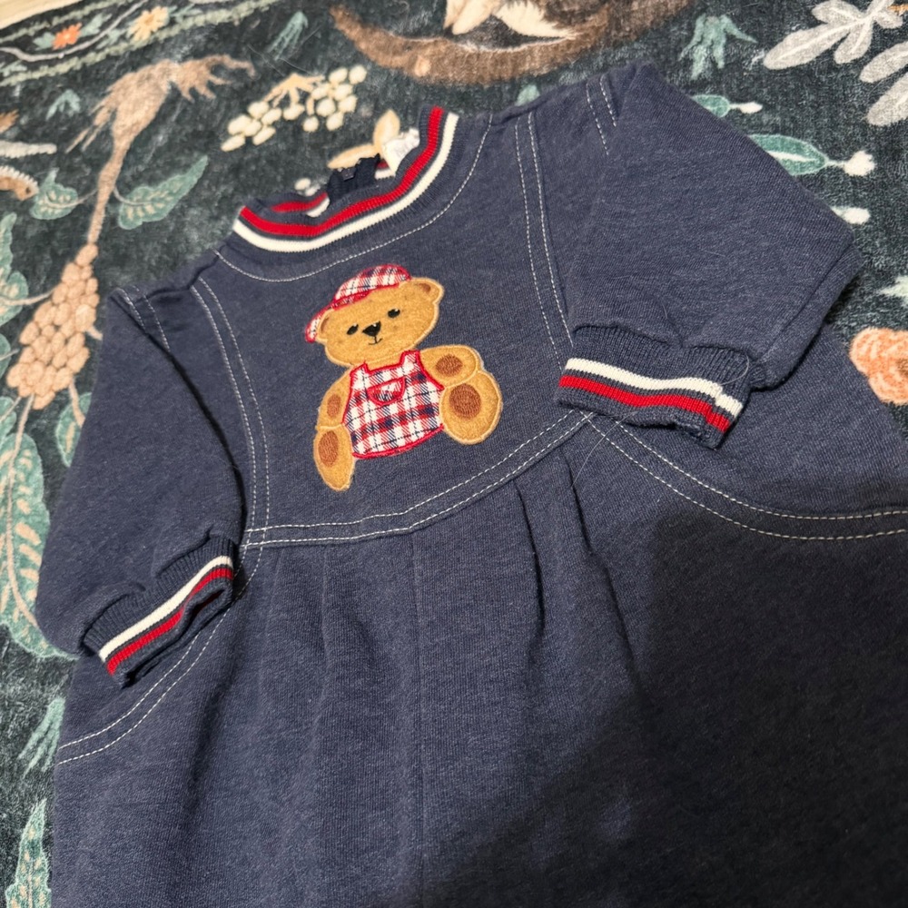 Vintage Baby Boy 3-6 Teddy Bear Plaid Applique Navy Romper Long Sleeve outfit - Picture 3 of 7